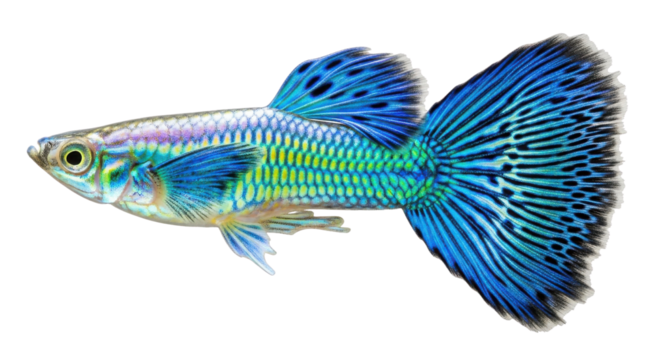 Vibrant blue and green male Guppy fish illustration with large flowing tail fins isolated PNG with Transparent Background - Powered by Adobe