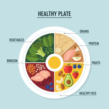 Healthy Plate nutritional guide infographic showing balanced food groups for a healthy diet.