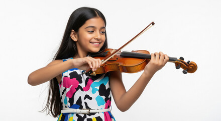 A talented little Indian girl plays the violin with focus and joy, expressing creativity in a colorful dress