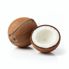 Clean, minimal composition of a coconut with soft lighting highlighting the fibrous shell and smooth white flesh, isolated on a pure white background — natural and fresh food detail