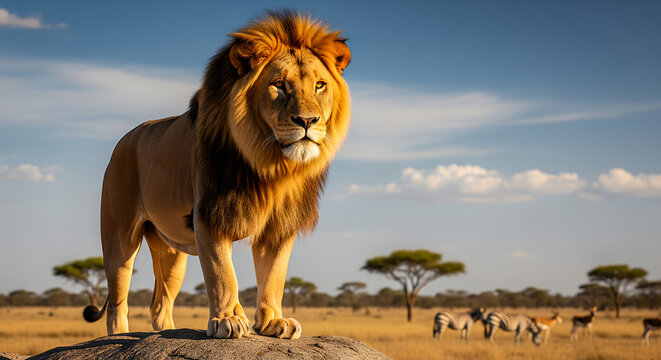 Majestic male lion standing on rock in African savanna with zebras and acacia trees in the background under blue sky - Powered by Adobe