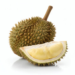 Close-up of durian fruit with one whole spiky shell and an opened section revealing creamy yellow flesh, isolated on a pure white background — detailed exotic fruit texture.