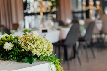 Elegant wedding reception decor with floral centerpieces in banquet hall