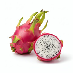 Vibrant dragon fruit arrangement with one whole pitaya and one sliced open to show its speckled inner flesh, captured in soft studio lighting on a white background.