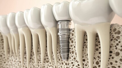 3D render of a dental implant embedded in a cross-section of jawbone