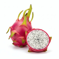 Minimal studio image of dragon fruit, featuring a full fruit and a halved piece displaying crisp white flesh with seeds, isolated on pure white.