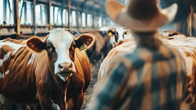 selective focus livestock breeder carefully observing selectively bred cows on modern farm