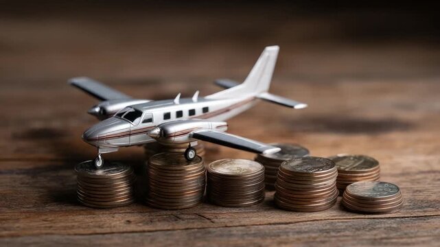 A silver model airplane rests on stacks of coins, symbolizing flight cost on a wooden surface