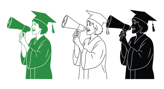 Three graduates with megaphone in green white and black illustration - Powered by Adobe