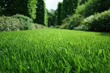 Obraz premium A close-up low angle view of vibrant green grass in a well-maintained garden setting