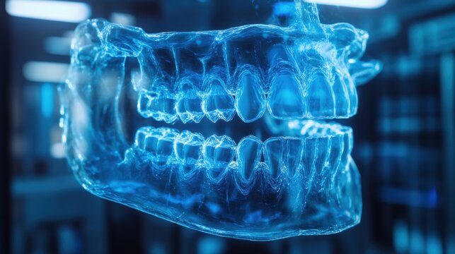Futuristic holographic 3D visualization of a human skull