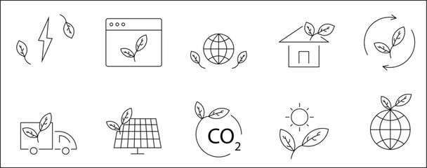 Eco City Icons , Renewable Energy , Sustainable Living Line Vector Collection, Sustainable Urban Icons .Green Architecture, Solar, Recycling and Eco Technology Set.
