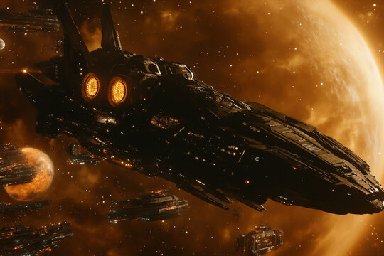 Futuristic spaceship hovering above alien planet with surreal skyline and stars in night sky, generative ai space landscape - Powered by Adobe