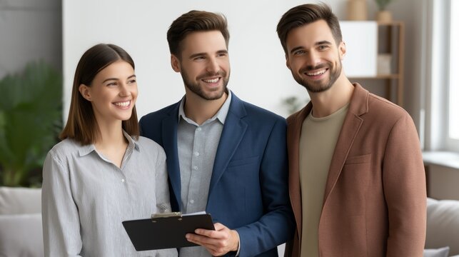 In a stylish and airy living space, a real estate agent engages with two smiling clients, displaying property details on a tablet. The atmosphere is warm and welcoming, perfect for home viewing - Powered by Adobe