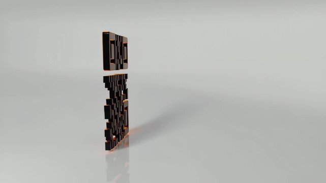 Glowing 3D QR Code on a Reflective Surface. Digital Technology and Mobile Marketing Concept. Black Quick Response Code with Orange Inner Light. Futuristic Information Link.