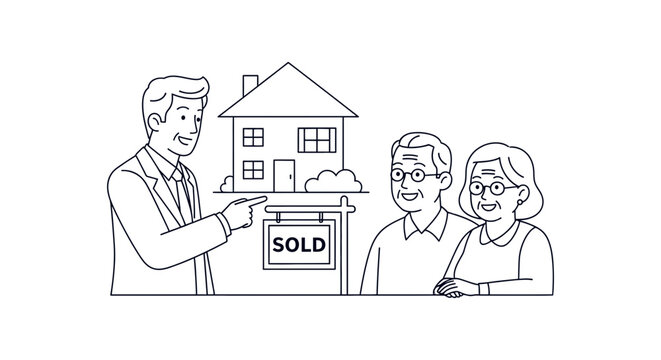 Real estate agent showing sold house to elderly couple illustration
