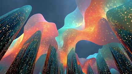 Biomorphic Architecture Abstract Flowing organic skyscrapers resembling coral reefs translucent membranes pulsing with bioluminescent glow