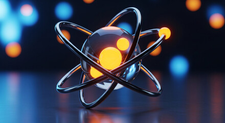 A detailed 3D render shows an abstract atom model featuring glowing orange electrons orbiting a nucleus on a blue surface. The image evokes a sense of scientific exploration.