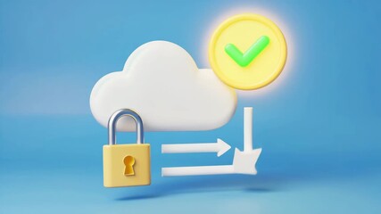3D Cloud Computing Security Concept with Padlock, Data Transfer Arrow, and Green Checkmark. Secure Data Storage, Backup, and Network Protection Technology.