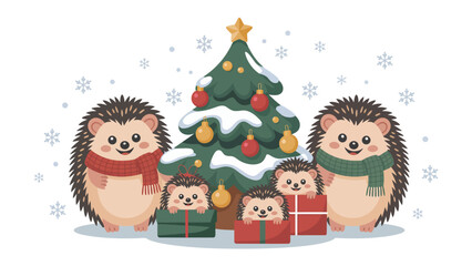 Festive Hedgehog Family: A cheerful hedgehog family gathers around a decorated tree, embodying the spirit of the holidays with gifts, and snow in the air. © Abu