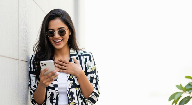 A stylish Indian woman gets surprising news on her smartphone, showing a candid, emotional expression - Powered by Adobe