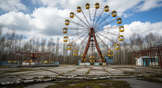 Abandoned yellow and brown Ferris wheel in Pripyat is a poignant reminder of the nuclear disaster, with its rusted structure standing against a cloudy sky and bare trees.