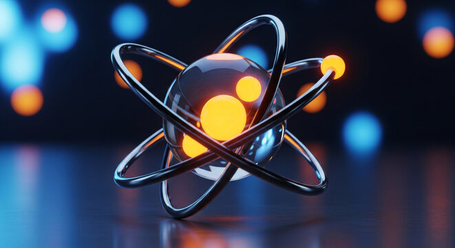 A detailed 3D render shows an abstract atom model featuring glowing orange electrons orbiting a nucleus on a blue surface. The image evokes a sense of scientific exploration.
