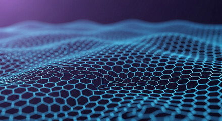 Abstract blue hexagonal network with a wavy surface, set against a purple background. Ideal for technology presentations, the geometric design creates a modern feel.
