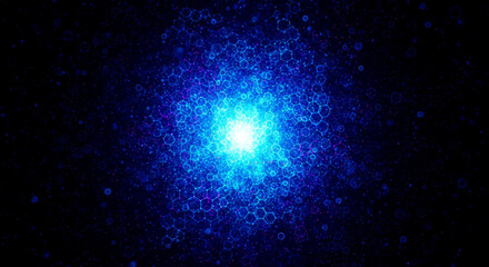 Fototapeta premium A mesmerizing abstract image featuring a vibrant blue light burst against a dark backdrop, adorned with a intricate hexagonal pattern, radiating energy and futuristic design.