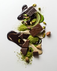 Dark chocolate pieces are scattered with crushed pistachios