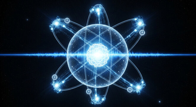 Abstract image of a blue atom structure glowing brightly against a dark starry backdrop. Particle physics and quantum science are beautifully represented.