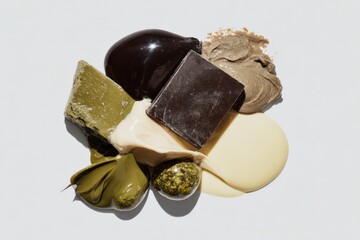 Dark chocolate pieces are scattered with crushed pistachios