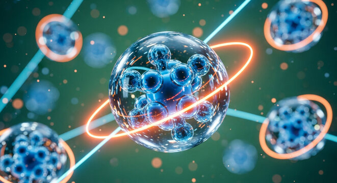 Close up of abstract blue molecules inside transparent bubble with orange rings on green background, conceptual microscopic structures for scientific presentation.