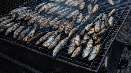 Grilled sardines closeup on barbecue grill, Portuguese street food