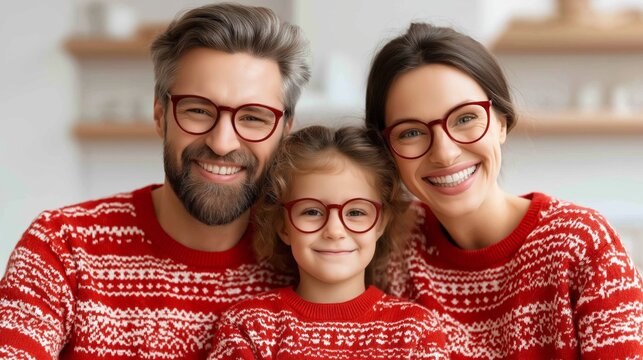 A family of three smiles brightly while wearing matching red and white holiday sweaters. They sit together in a warm and inviting living space, radiating joy and festive spirit