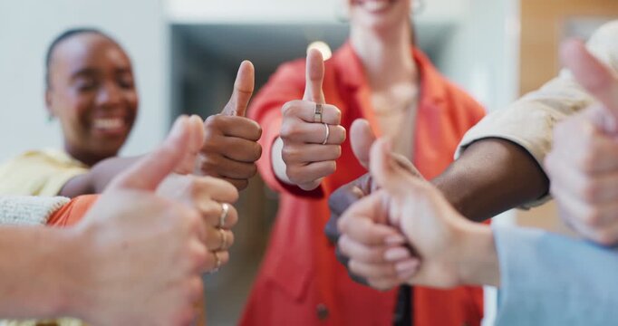 Business, hands and team with thumbs up in office for vacancy success, group vote and approval. HR people, hiring committee and yes emoji at workplace for candidate feedback, job opportunity or offer