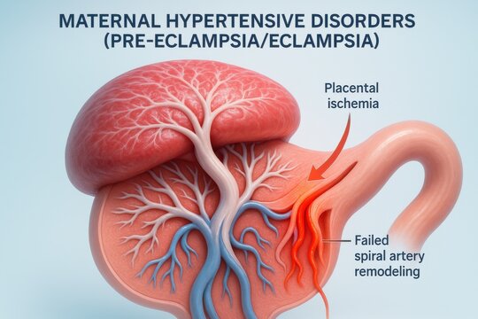 llustration showing the pathogenesis of maternal hypertensive disorders (pre-eclampsia/eclampsia), specifically failed spiral artery remodeling leading to severe placental ischemia at the maternal-fet