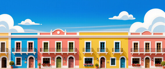 Colorful buildings create a vibrant street scene in a lively town