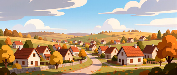 Vibrant autumn village nestled in rolling hills on a sunny day