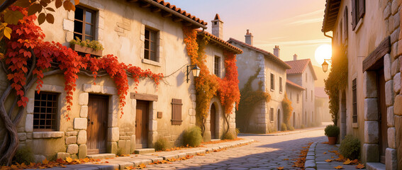 Colorful autumn leaves enhance the charm of a quiet village street