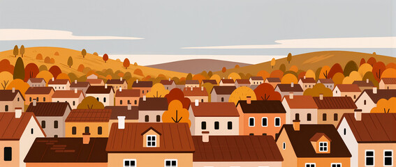 Warm autumn colors paint a calm town landscape at sunset