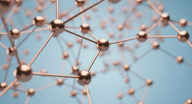 Abstract network of golden spheres connected by lines on a blue background, creating a modern and futuristic design with complex connections.