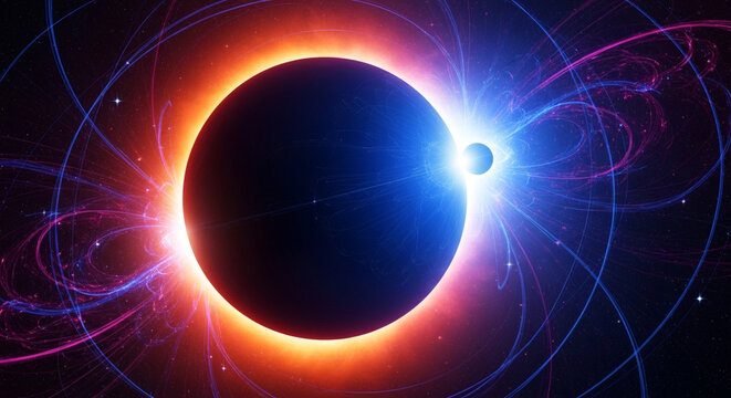 Abstract rendering of a solar eclipse in dark space, featuring a glowing orange corona, faint blue light, and swirling cosmic elements.