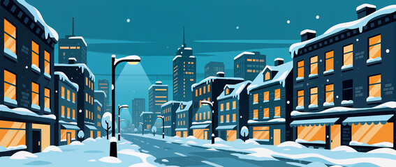 Snowy city street illuminated by warm lights at night