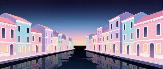 Colorful waterfront houses reflect in serene evening waters