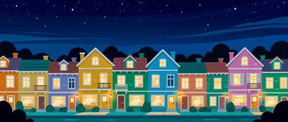 Colorful houses glow under a starry night in a quaint area