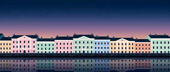 Colorful buildings reflecting on calm water at dusk