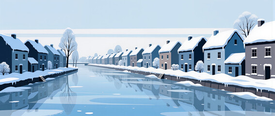 Winter wonderland with cozy homes by a serene river