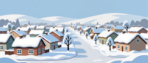 Snow-covered village scene during a quiet winter morning