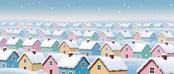 Snowy village landscape with colorful houses under winter skies